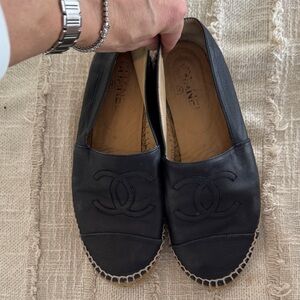 CHANEL Black Leather Espadrilles